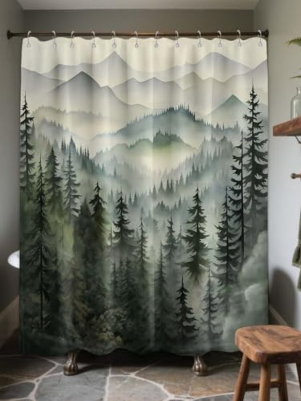 Mountain Shower Curtain Green Forest Nature Shower Curtains for Bathroom